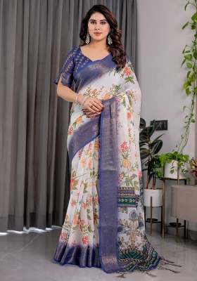 Royal Blue And White Printed Linen Saree Set