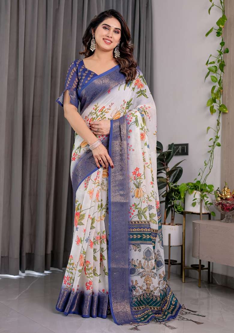 Royal Blue And White Printed Linen Saree Set - Indya