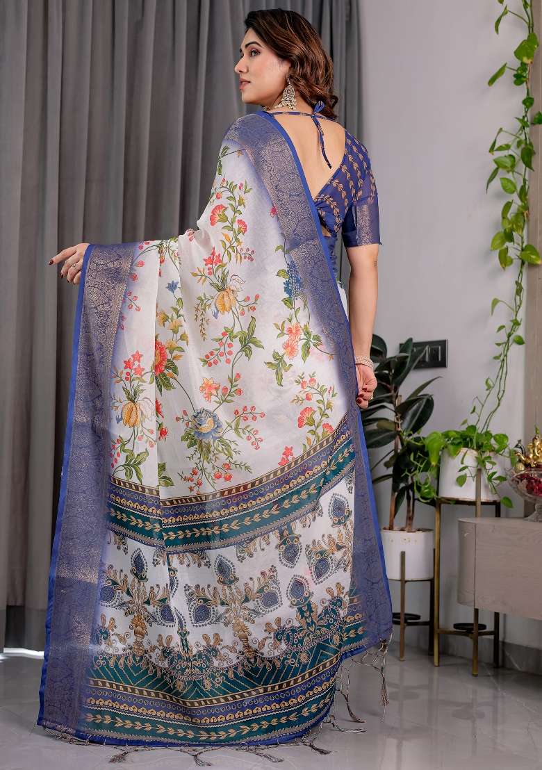 Royal Blue And White Printed Linen Saree Set - Indya