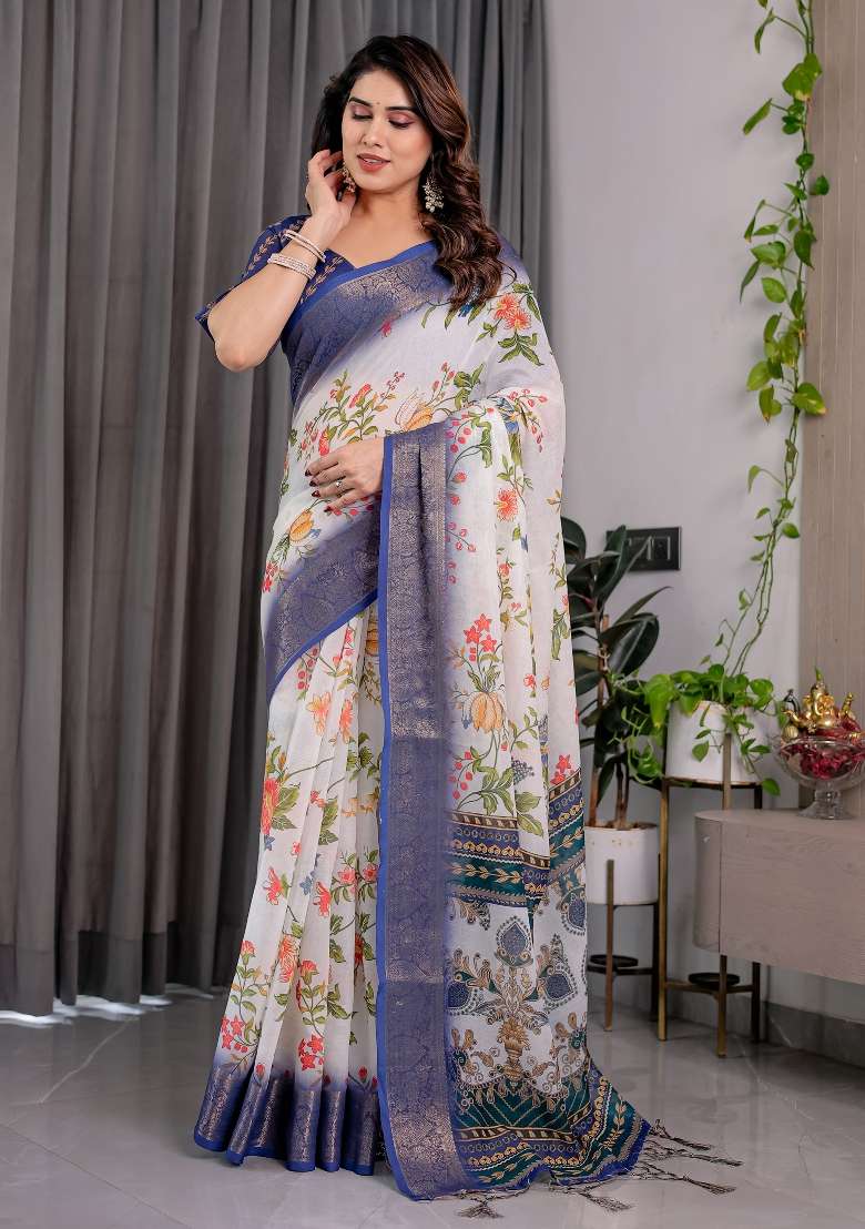 Royal Blue And White Printed Linen Saree Set - Indya