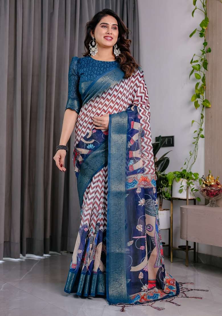 Navy Blue And White Maroon Printed Linen Saree Set - Indya