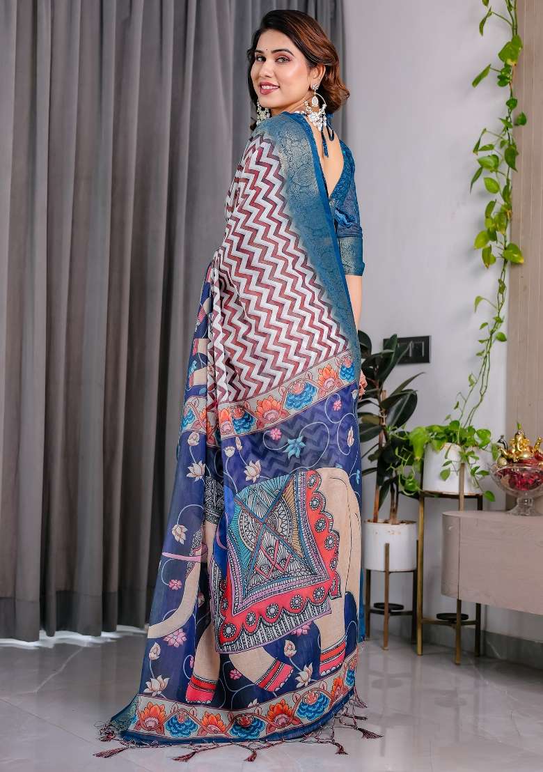 Navy Blue And White Maroon Printed Linen Saree Set - Indya