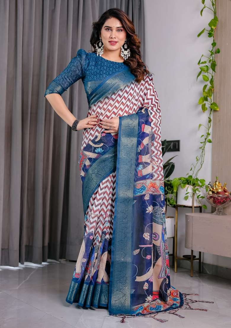 Navy Blue And White Maroon Printed Linen Saree Set - Indya