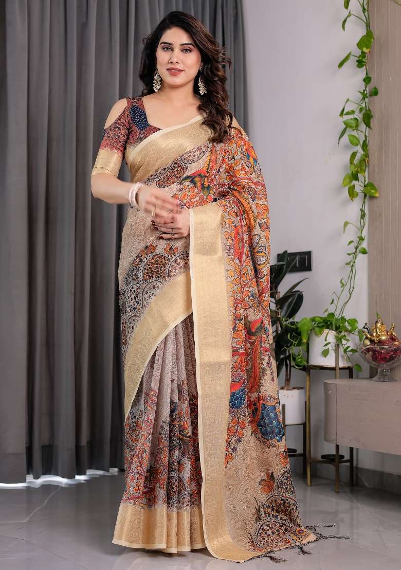 Soft Cream Printed Linen Saree Set - Indya