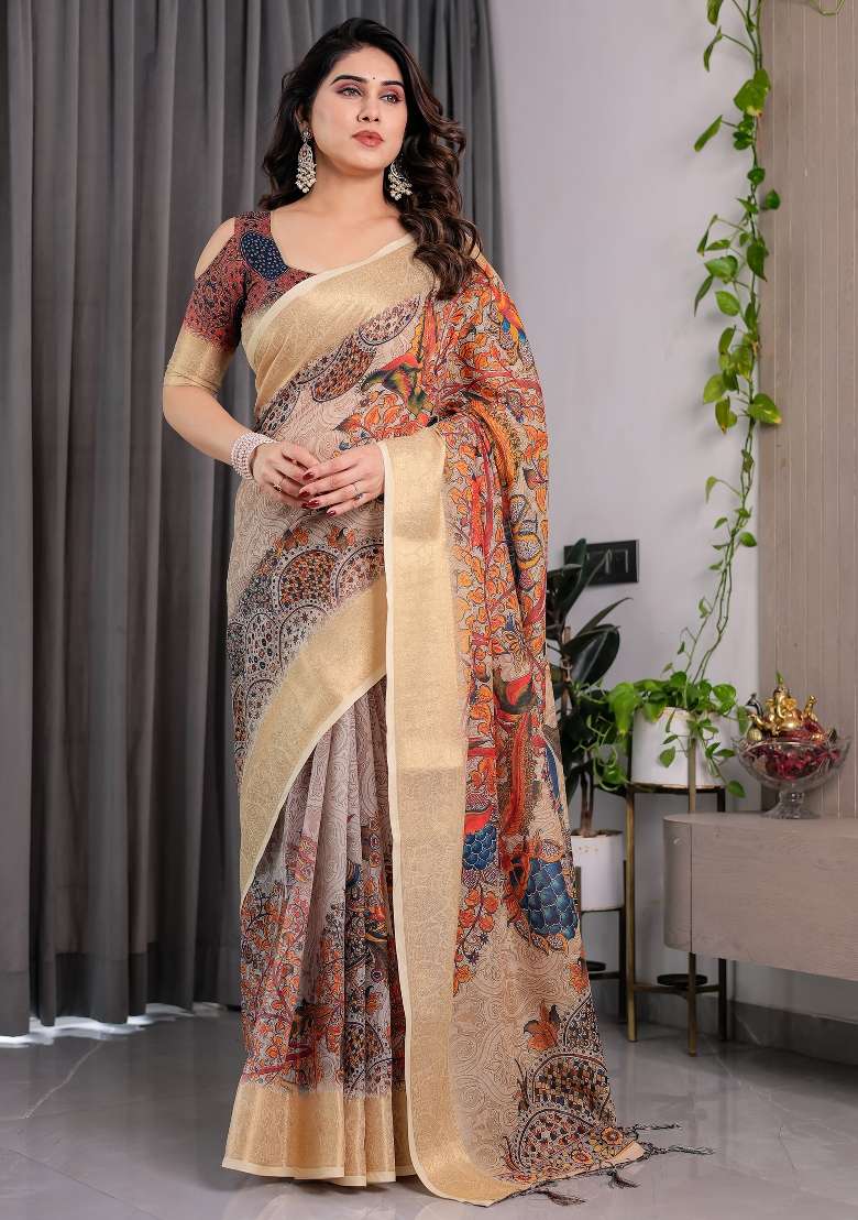 Soft Cream Printed Linen Saree Set - Indya