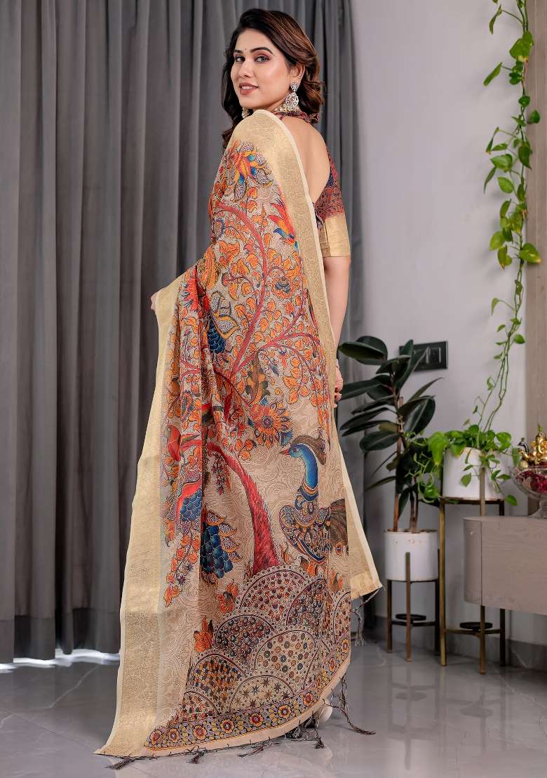 Soft Cream Printed Linen Saree Set - Indya