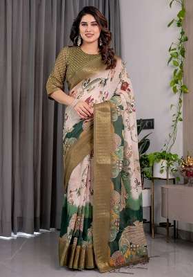 Off White And Olive Printed Linen Saree Set