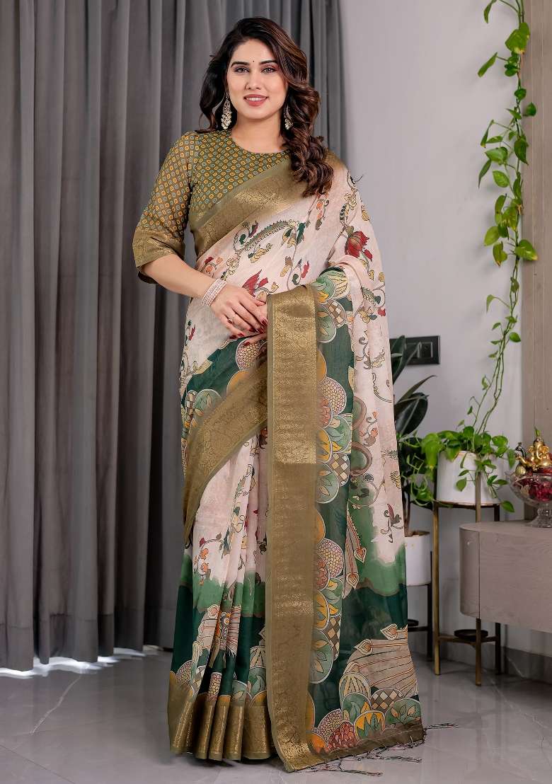 Off White And Olive Printed Linen Saree Set - Indya