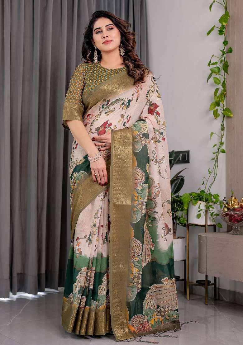 Off White And Olive Printed Linen Saree Set - Indya