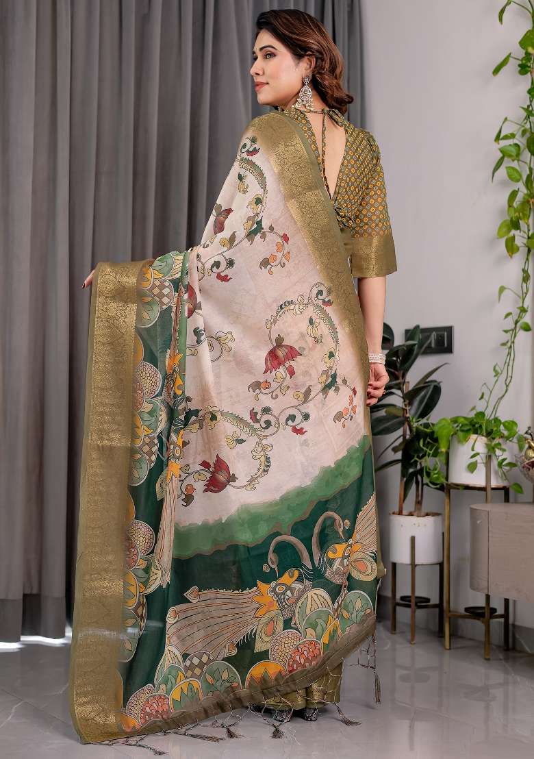 Off White And Olive Printed Linen Saree Set - Indya