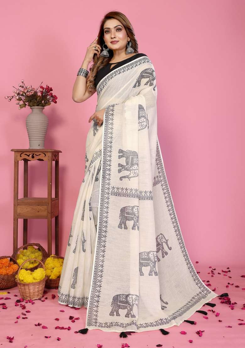 Ivory And Charcoal Black Printed Cotton Saree Set - Indya