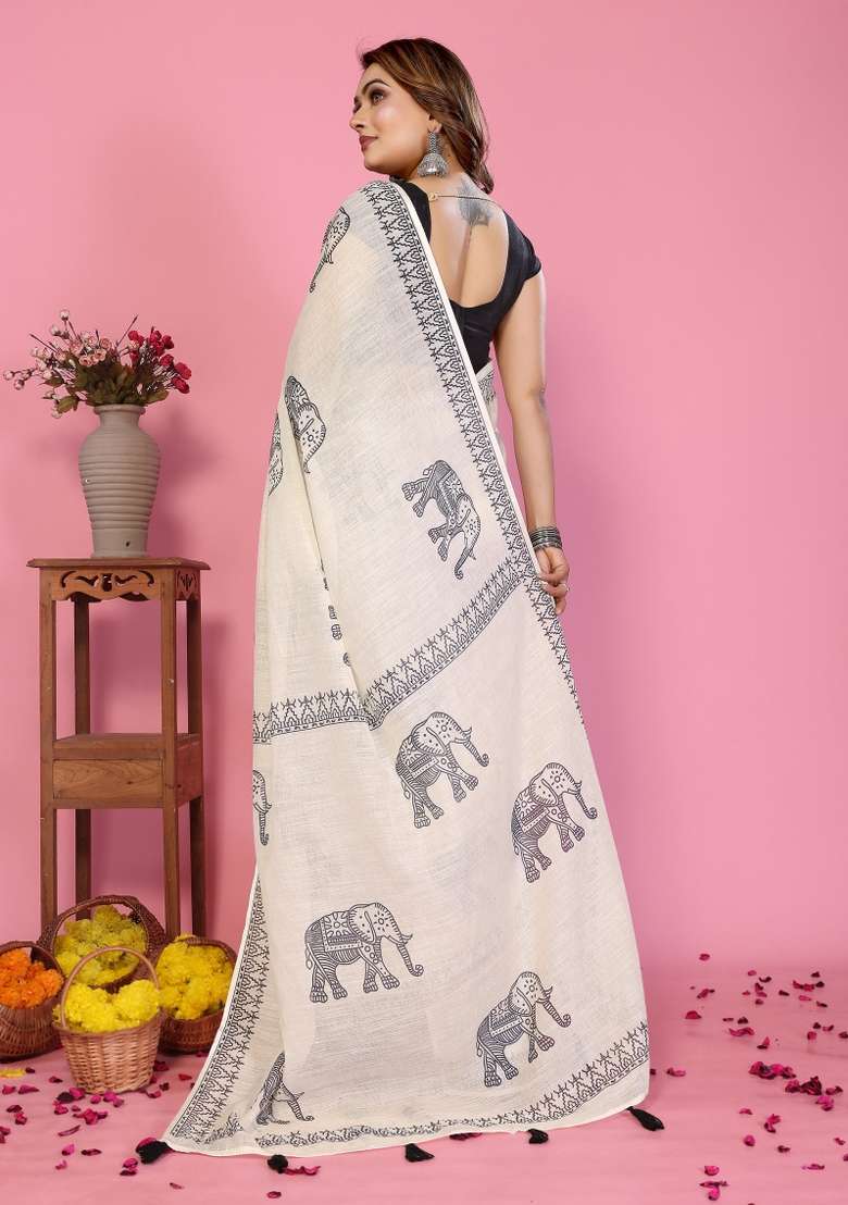 Ivory And Charcoal Black Printed Cotton Saree Set - Indya