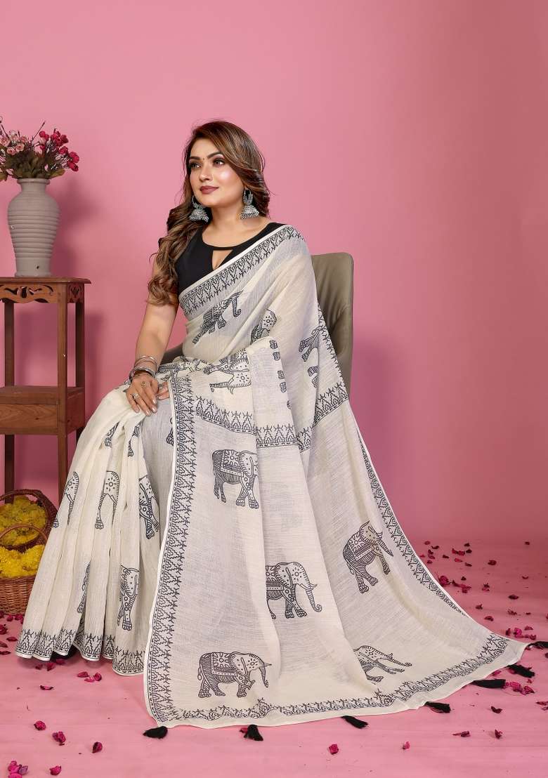 Ivory And Charcoal Black Printed Cotton Saree Set - Indya