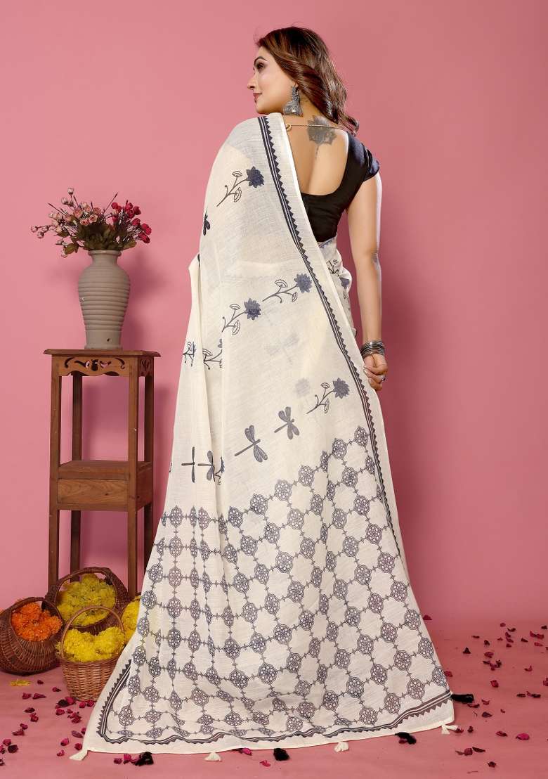 Ivory And Charcoal Black Printed Cotton Saree Set - Indya