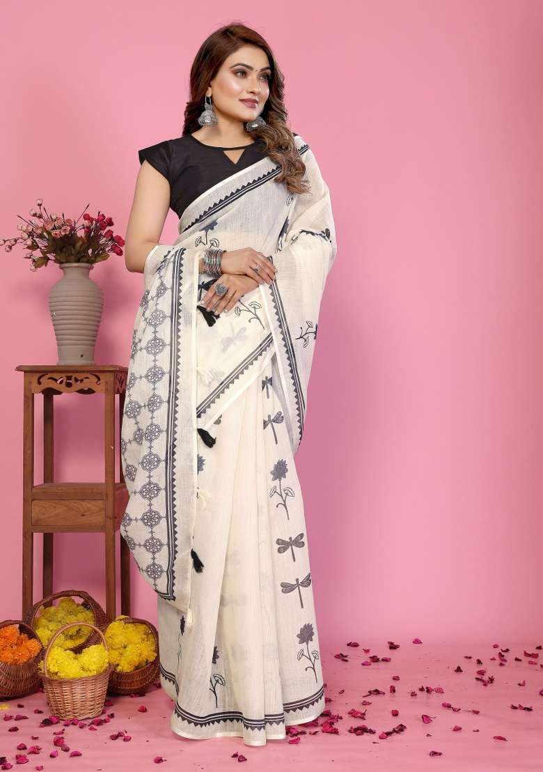 Ivory And Charcoal Black Printed Cotton Saree Set - Indya