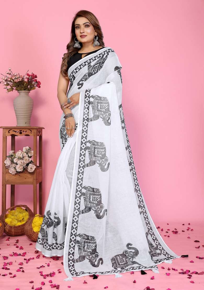 White And Charcoal Black Printed Cotton Saree Set - Indya