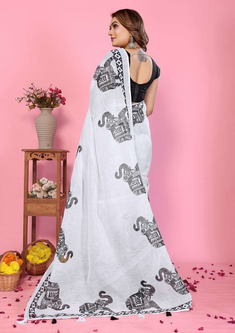 White And Charcoal Black Printed Cotton Saree Set - Indya