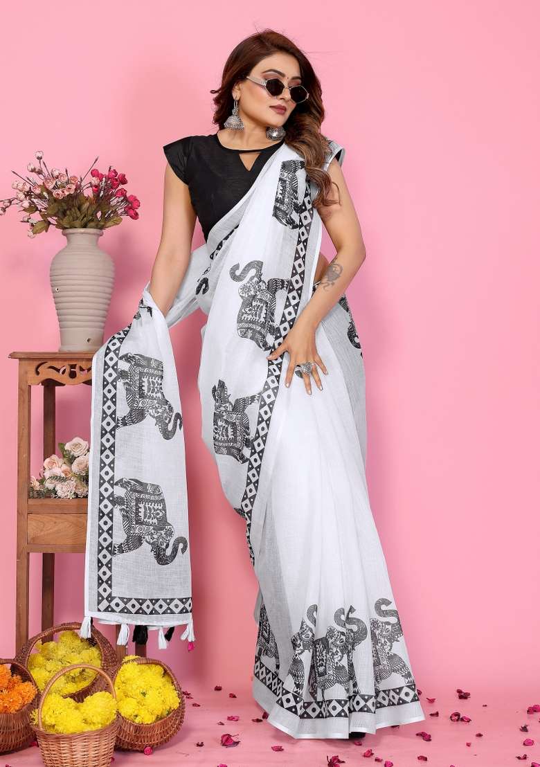 White And Charcoal Black Printed Cotton Saree Set - Indya