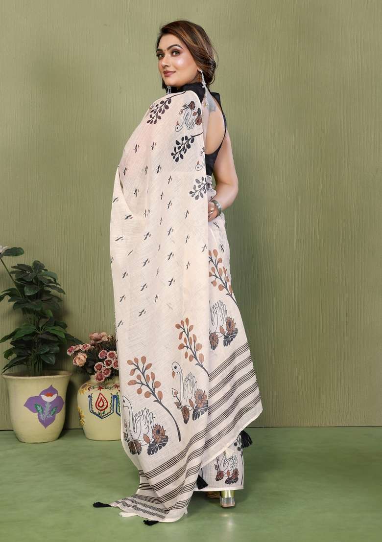 Ivory And Charcoal Black Printed Cotton Saree Set - Indya