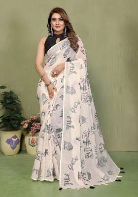 Ivory And Charcoal Black Printed Cotton Saree Set