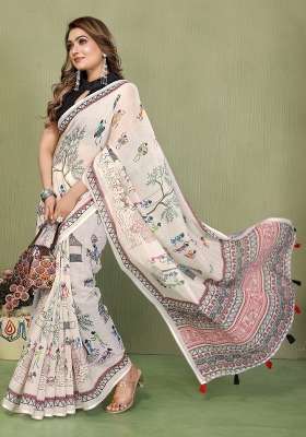 Ivory And Charcoal Black Printed Cotton Saree Set