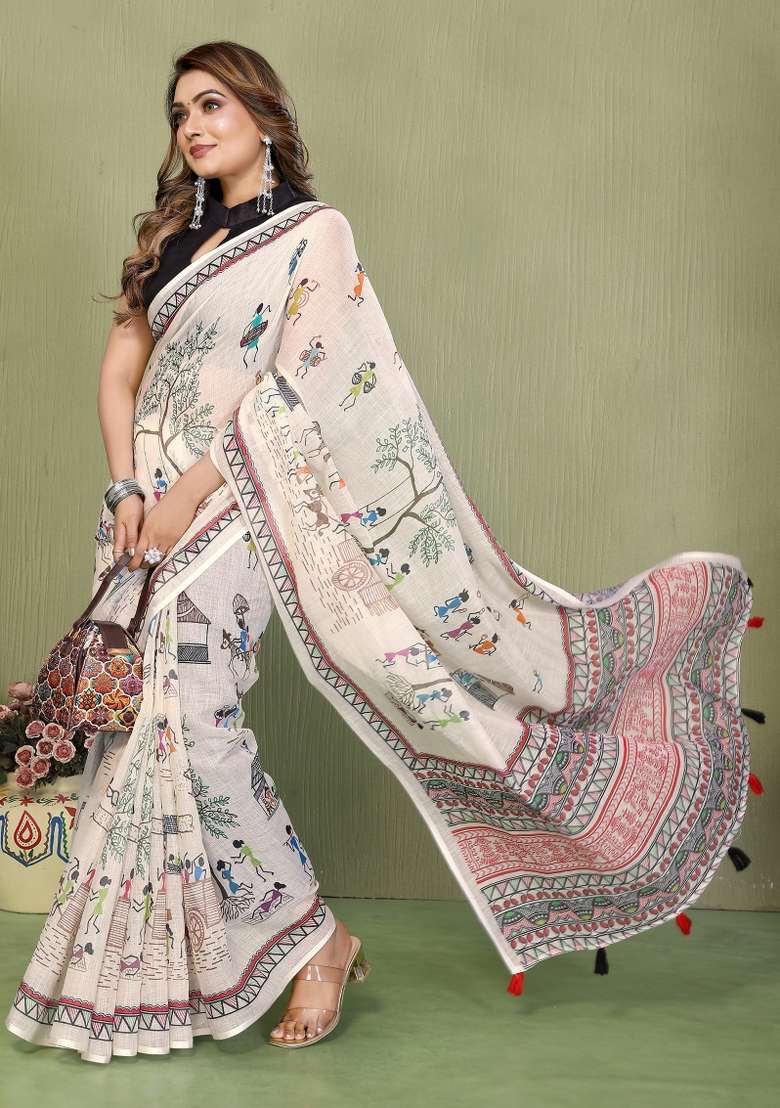 Ivory And Charcoal Black Printed Cotton Saree Set - Indya