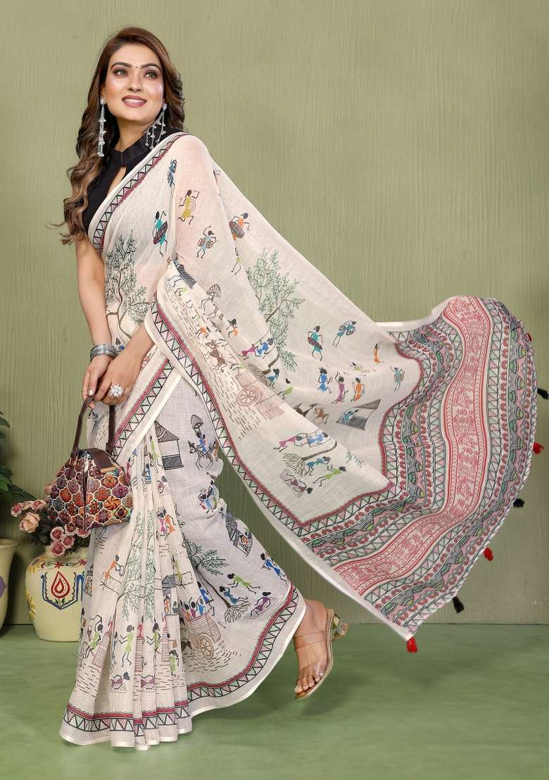 Ivory And Charcoal Black Printed Cotton Saree Set - Indya