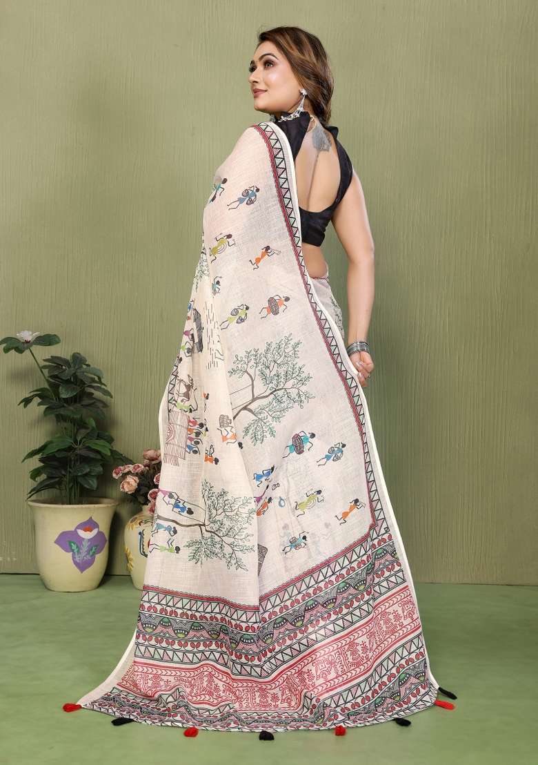 Ivory And Charcoal Black Printed Cotton Saree Set - Indya
