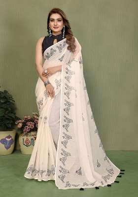 Ivory And Charcoal Black Printed Cotton Saree Set