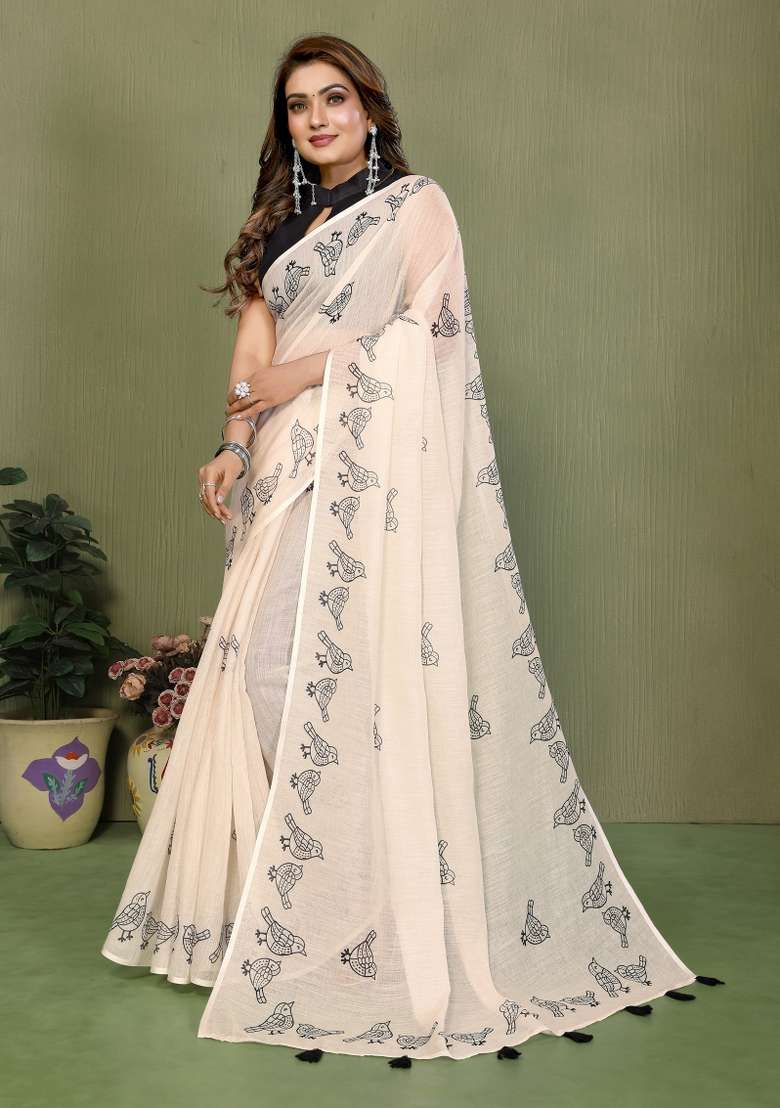 Ivory And Charcoal Black Printed Cotton Saree Set - Indya