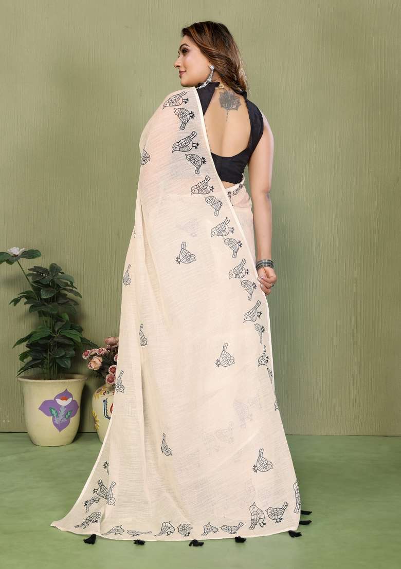 Ivory And Charcoal Black Printed Cotton Saree Set - Indya