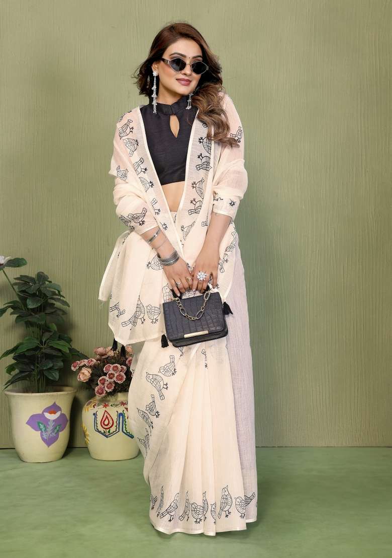 Ivory And Charcoal Black Printed Cotton Saree Set - Indya
