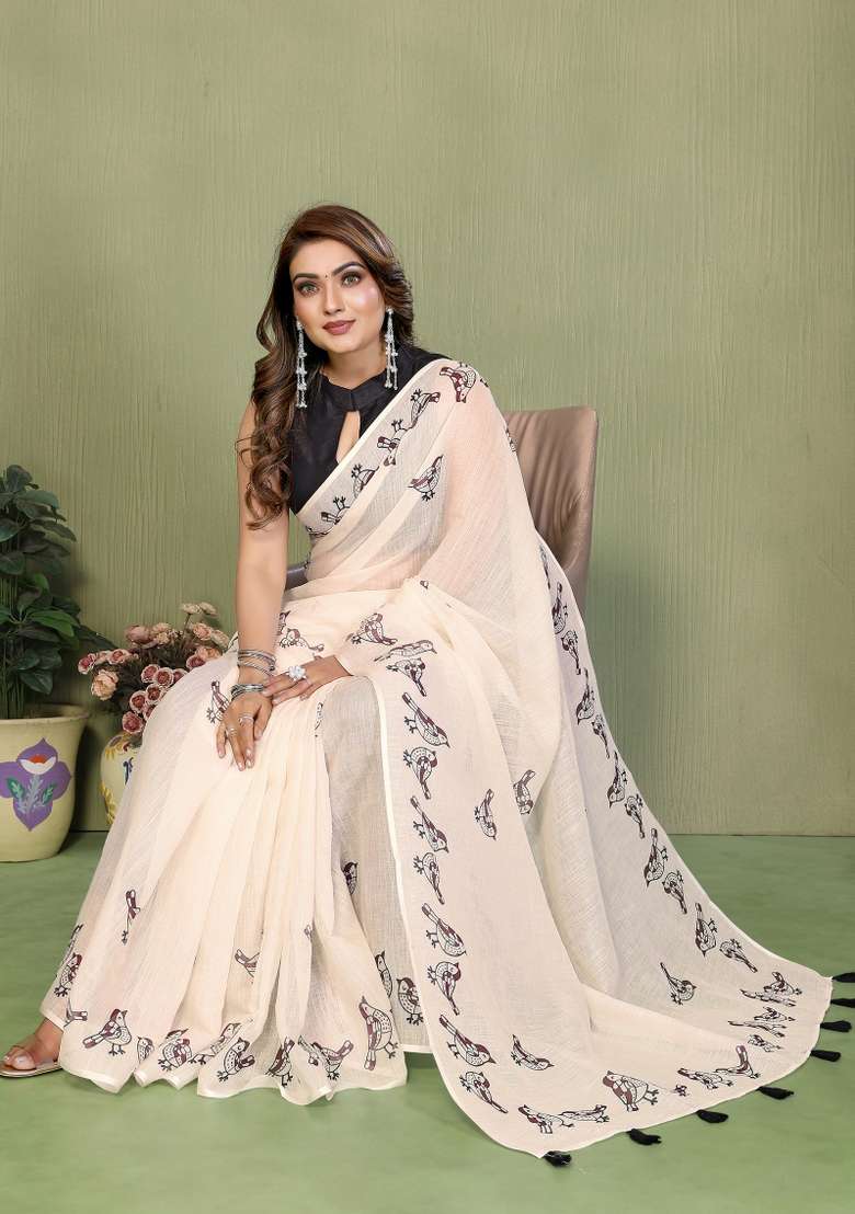 Ivory And Charcoal Black Printed Cotton Saree Set - Indya