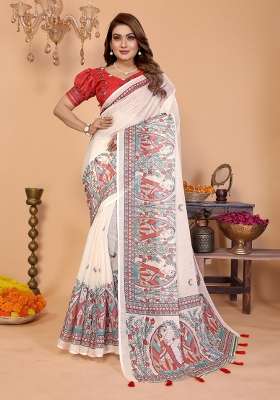 Off White And Vibrant Red Printed Cotton Saree Set