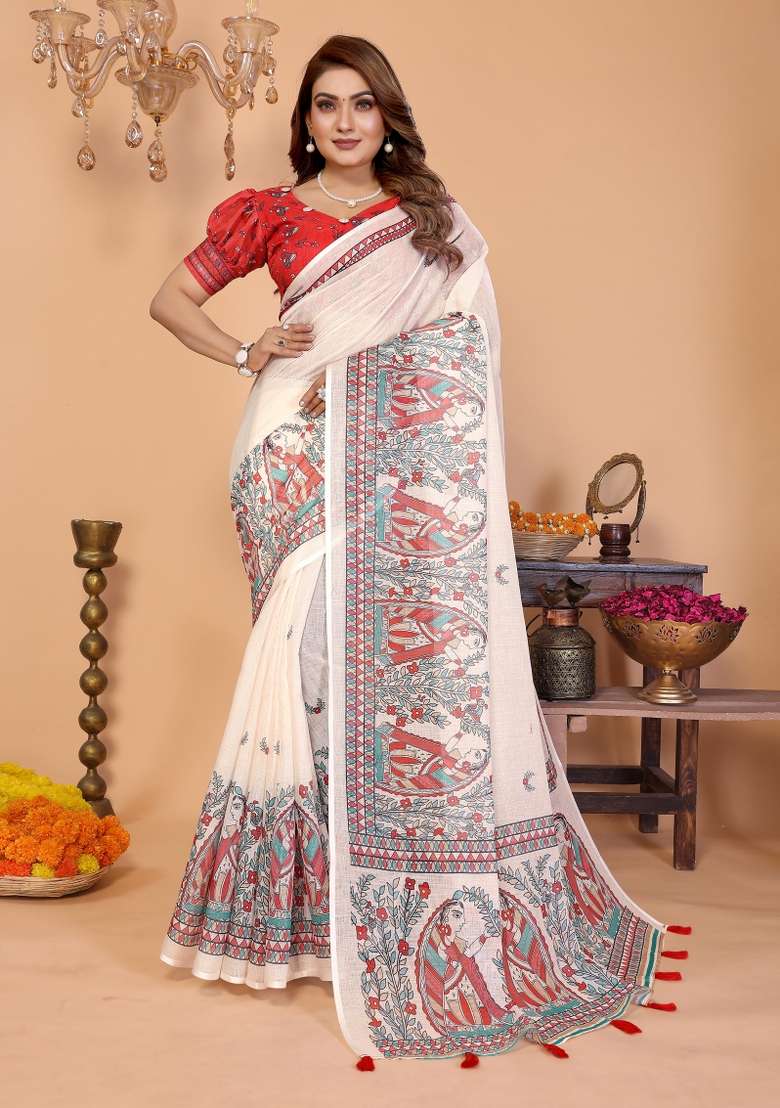 Off White And Vibrant Red Printed Cotton Saree Set - Indya