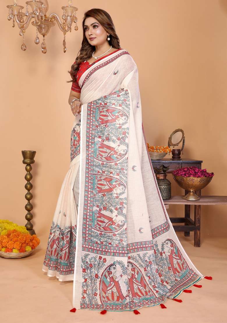 Off White And Vibrant Red Printed Cotton Saree Set - Indya
