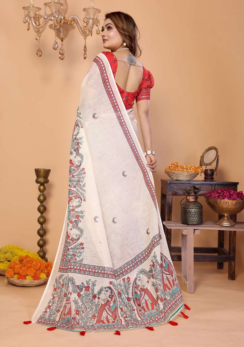 Off White And Vibrant Red Printed Cotton Saree Set - Indya