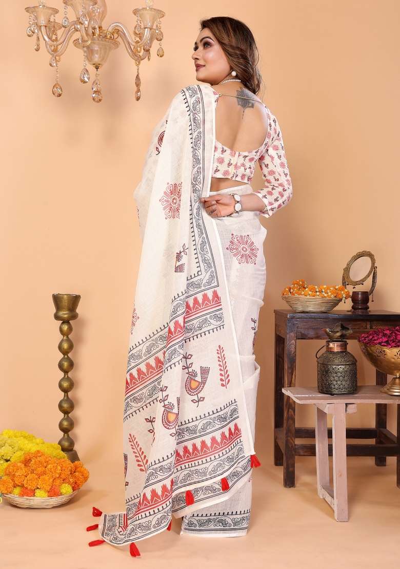 Off White And Teracotta Red Printed Cotton Saree Set - Indya