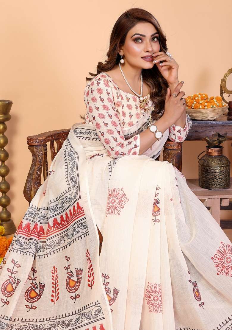 Off White And Teracotta Red Printed Cotton Saree Set - Indya