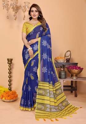 Royal Blue And Vibrant Yellow Printed Cotton Saree Set