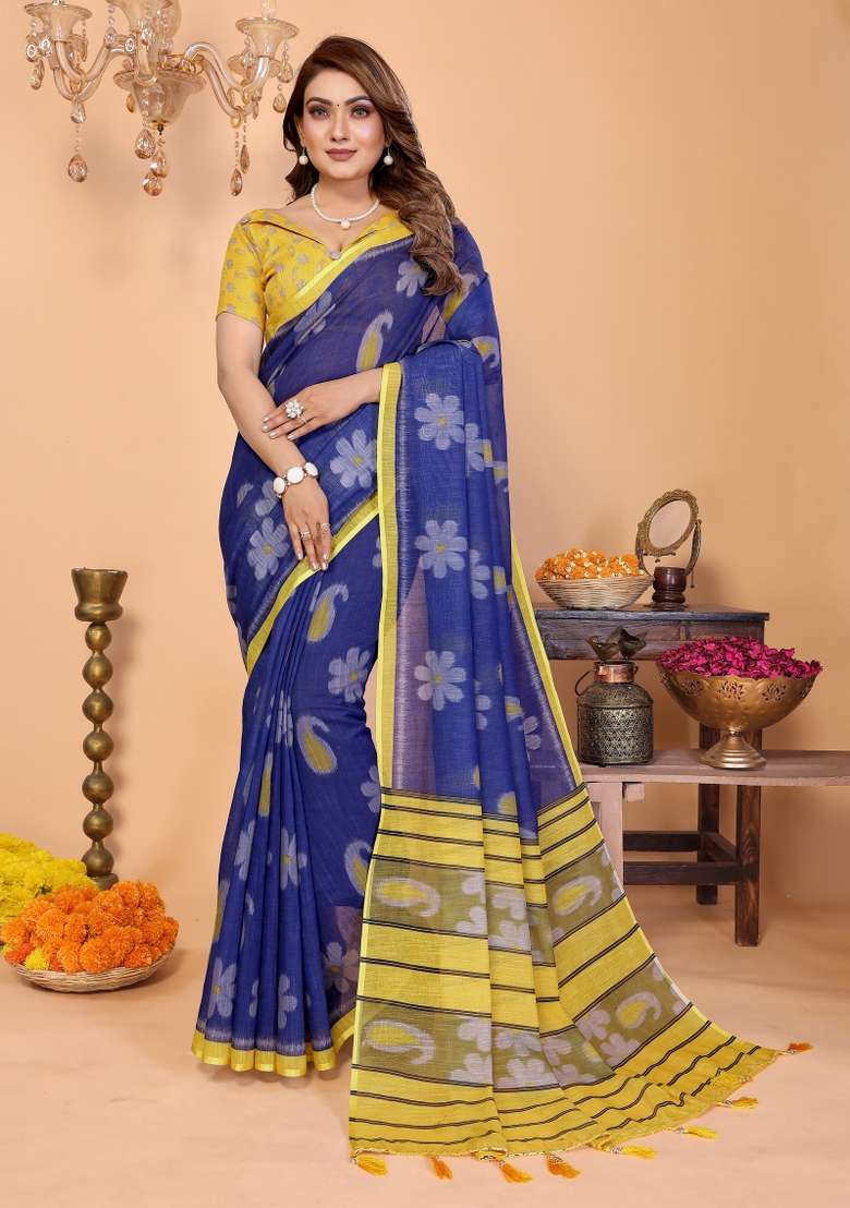 Royal Blue And Vibrant Yellow Printed Cotton Saree Set - Indya