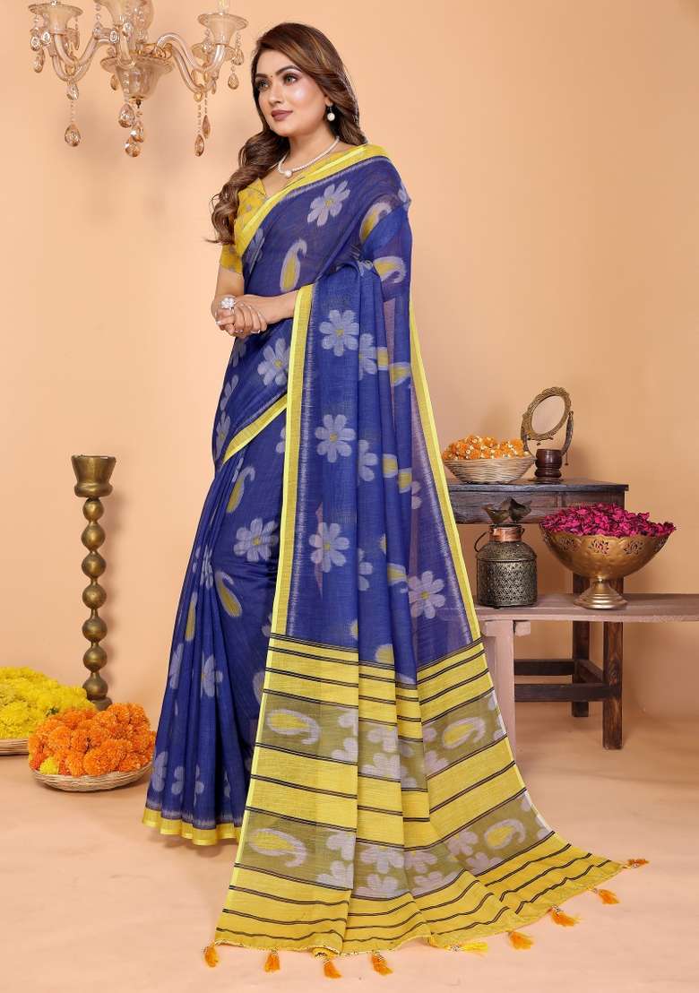 Royal Blue And Vibrant Yellow Printed Cotton Saree Set - Indya