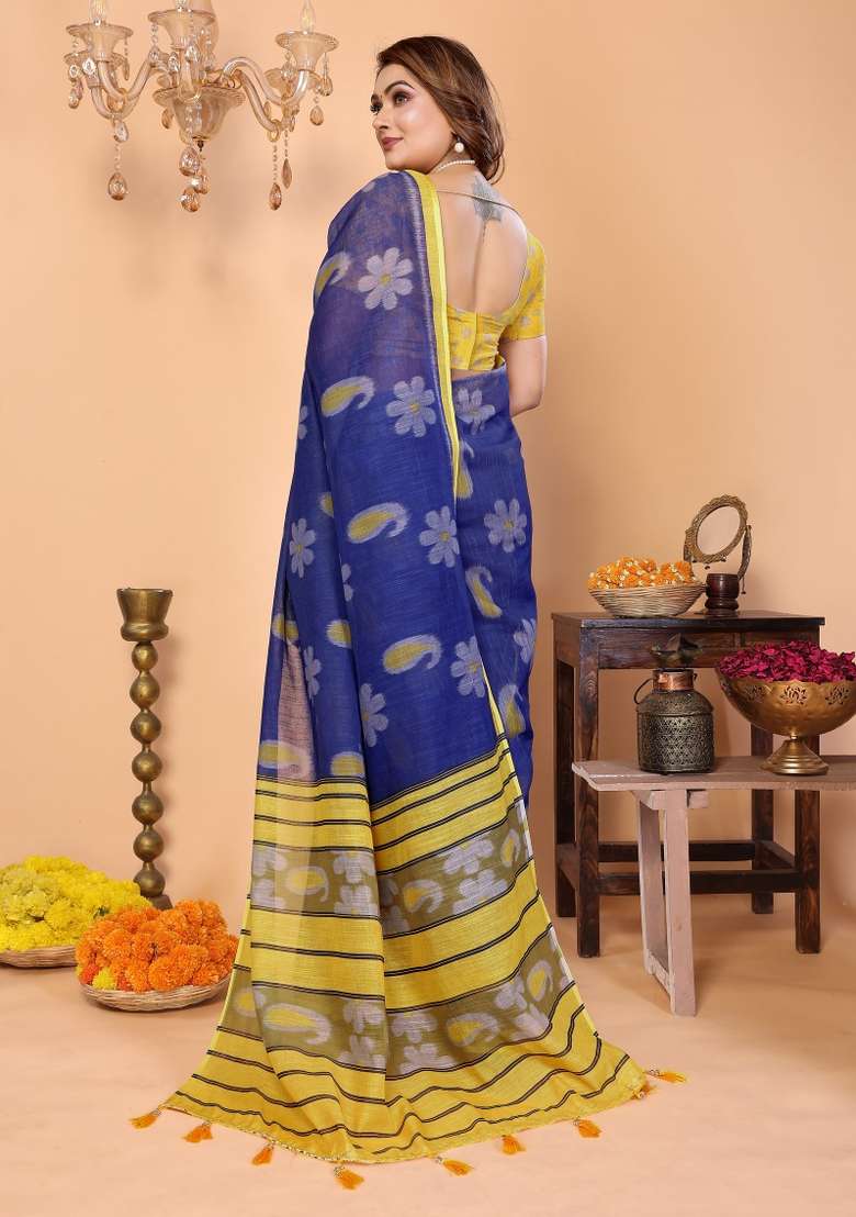 Royal Blue And Vibrant Yellow Printed Cotton Saree Set - Indya