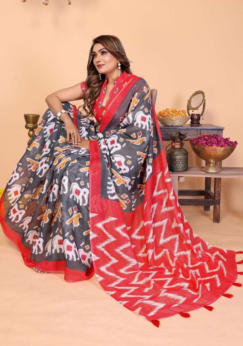 Charcoal Grey And Red Printed Cotton Saree Set - Indya