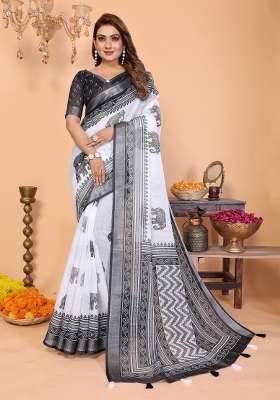 White And Black Printed Cotton Saree Set