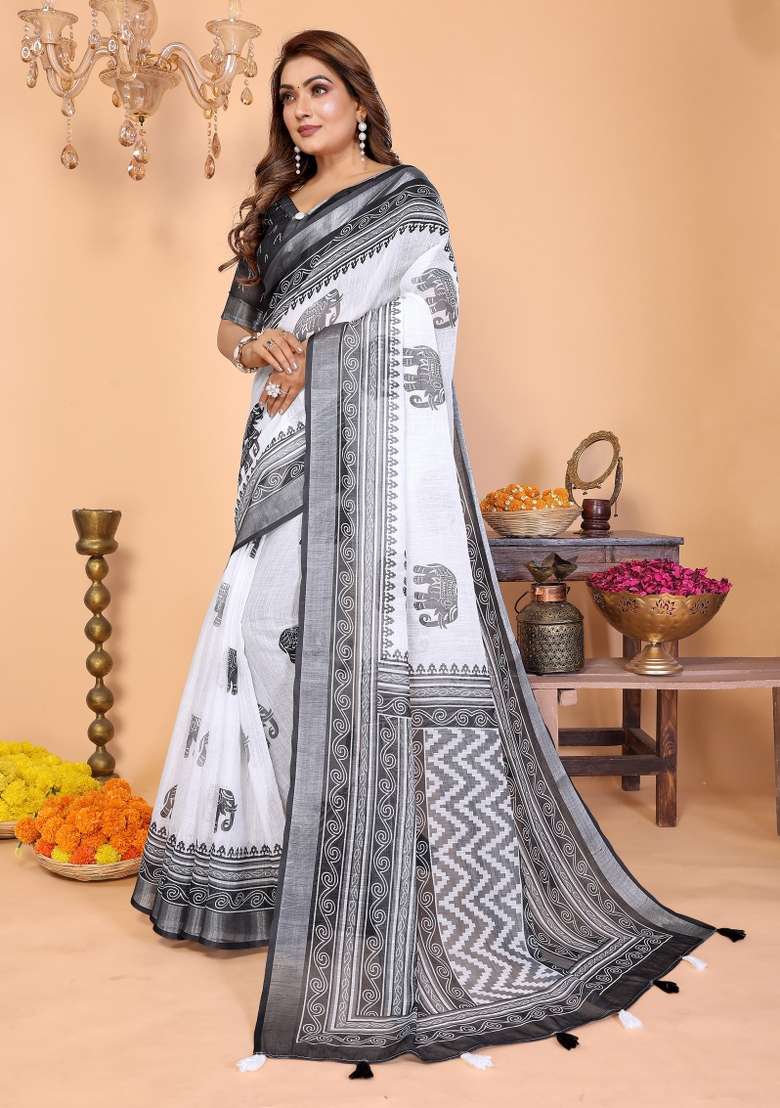 White And Black Printed Cotton Saree Set - Indya