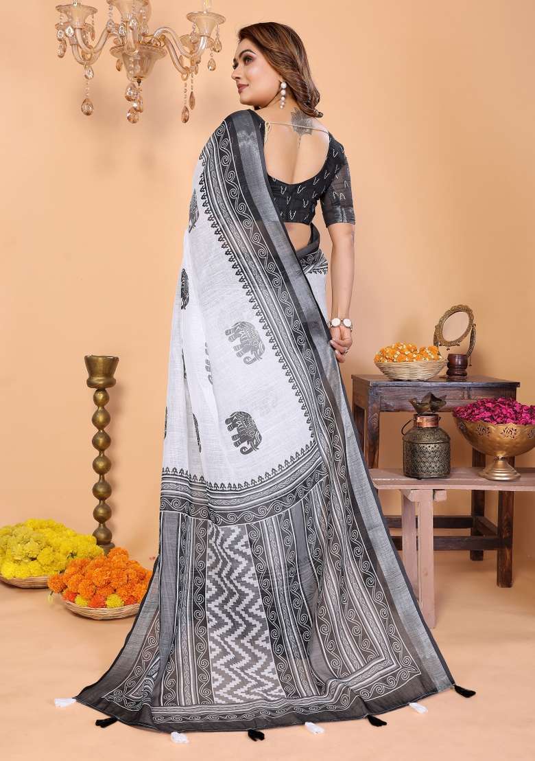 White And Black Printed Cotton Saree Set - Indya