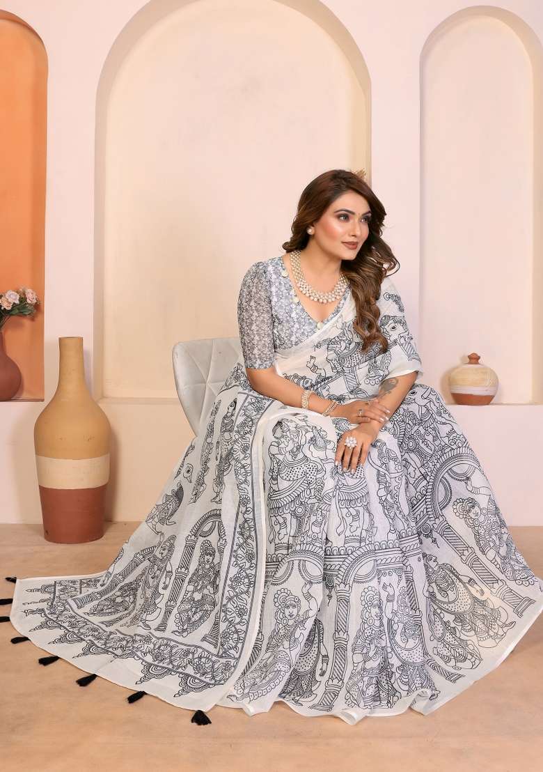 White And Black Printed Cotton Saree Set - Indya