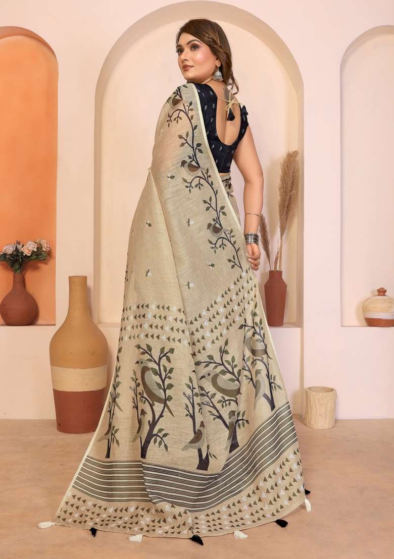 Beige And Navy Blue Printed Cotton Saree Set - Indya