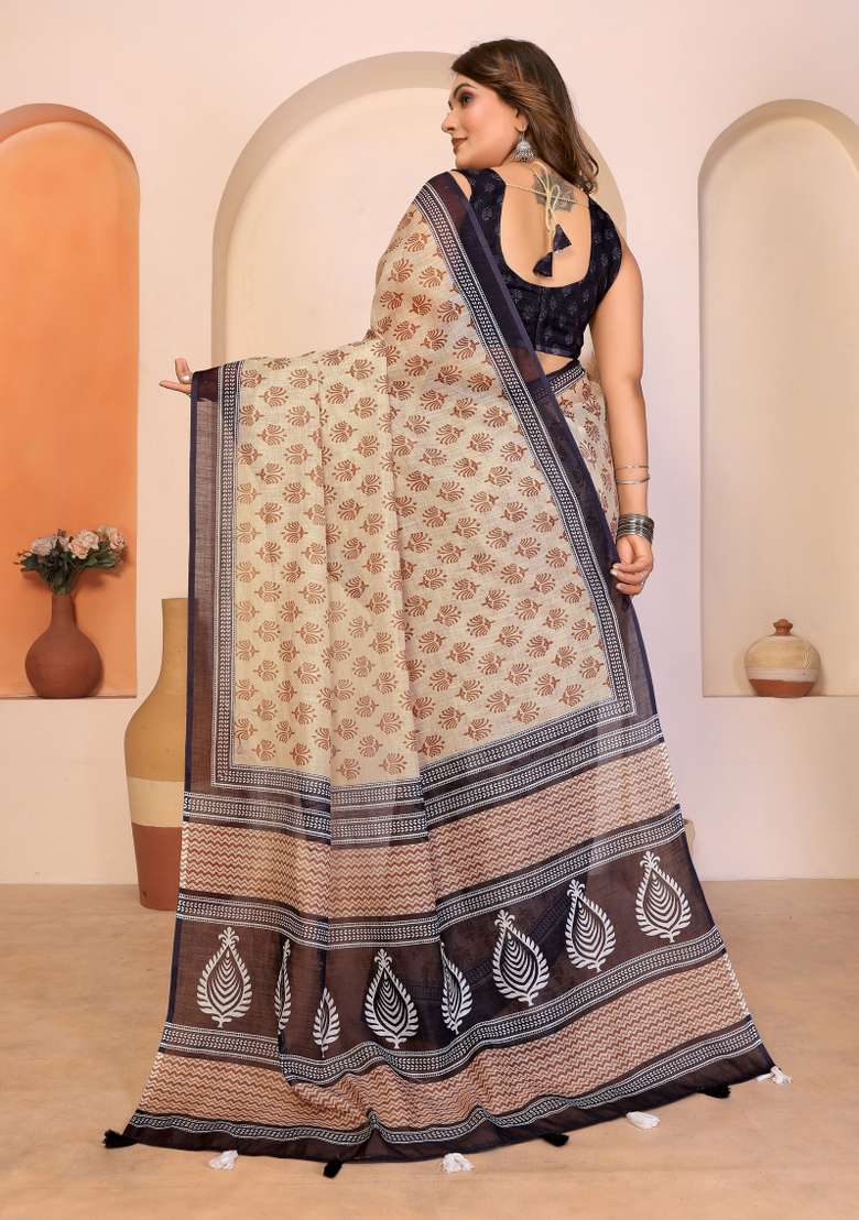 Multicolor Printed Cotton Saree Set - Indya